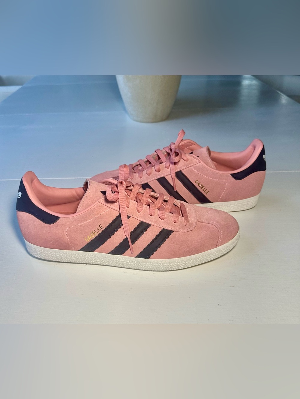Adidas Gazelle Size-11.Pink Suede Sneakers with Black Stripes